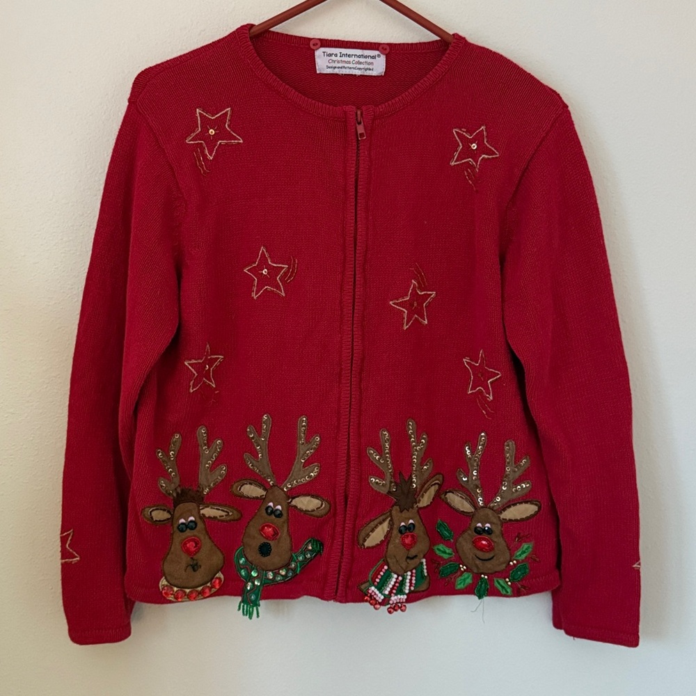 Christmas Reindeer Red Knit Zippered Cardigan estimated size Medium